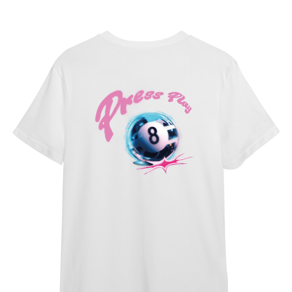 White round-neck cotton t-shirt with short sleeves and rose-colored 8Beats Radio logo on the chest, along with an 8-ball pool illustration on the back.

Design by Damn Visual
https://damnvisual.myportfolio.com/

50% of profits will go directly to the artist

· Unisex straight fit
· DTG printing made in France
· 100% organic cotton
· 180 gr/m²